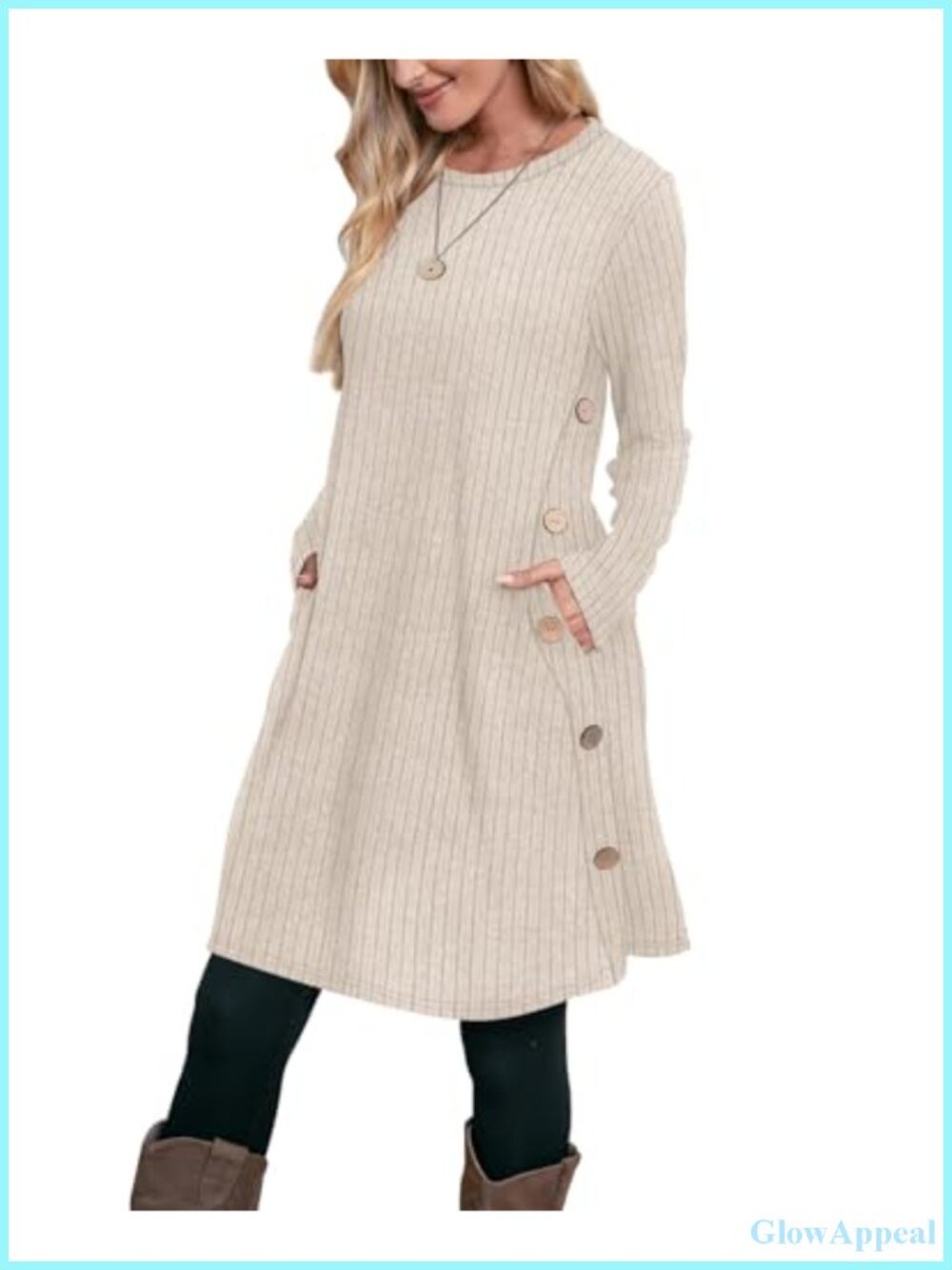 OFEEFAN Women's Long Sleeve A-Line Dress with Pockets Ribbed Knit